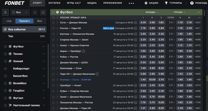 Прематч в Фонбет