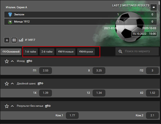 Перечень рынков букмекера