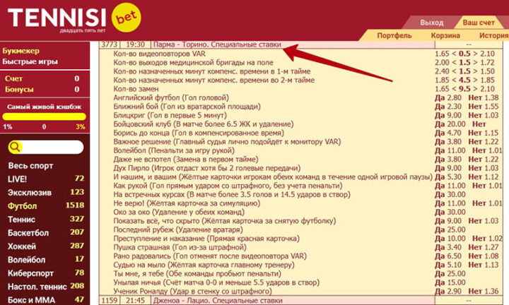 Специальные пари Тенниси