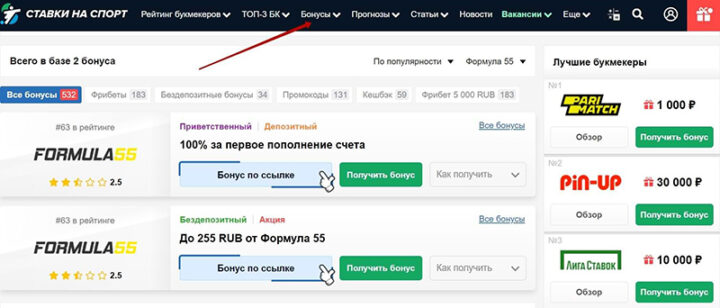 Бонусный раздел на сайте Vsestavkinasport.com