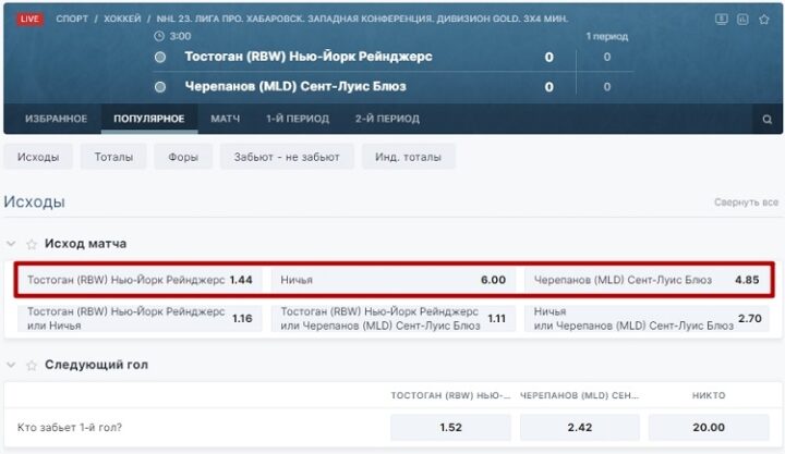 Коэффициенты на NHL 20