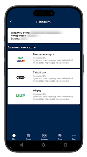 Раздел для внесения денег на счет