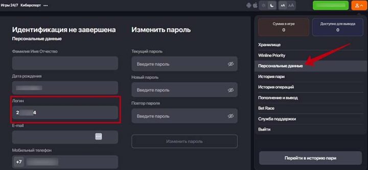 Номер счета Винлайн